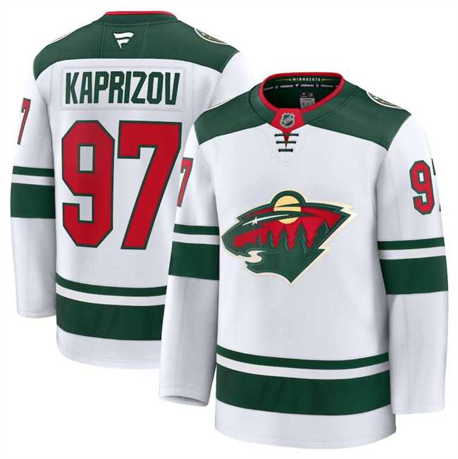 Mens Minnesota Wild #97 Kirill Kaprizov White 2024-25 Away Stitched Hockey Jersey Dzhi